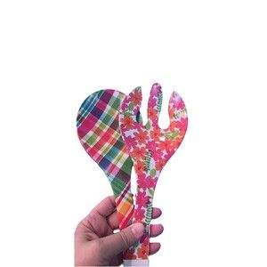 2 pc Plow & Hearth Pasta Salad Server Set Floral Plaid Melamine NEW